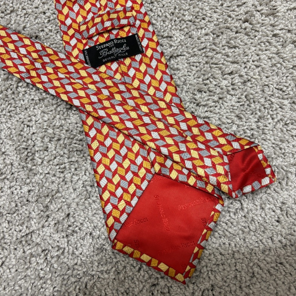 STEFANO RICCI Tie 3.75 x 59" Silk Necktie Geometric Red Orange Blue Yellow Italy - Picture 3 of 9